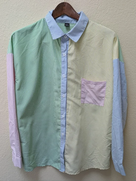 Pastel Multi Colored Pathwork Collared Button Down Blouse. Size 12 - Picture 1 of 6